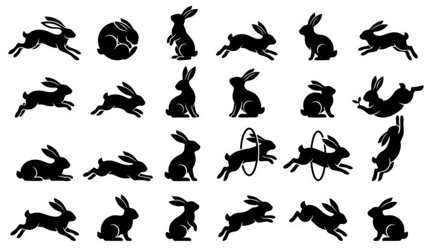 Black rabbit silhouette collection, 24 jumping and sitting bunny icons, minimalist hare vector set for Easter and nature designs