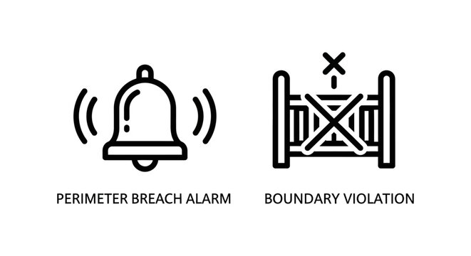 Perimeter breach alarm and boundary violation warning icons with boundary violation perimeter security restricted forbidden protection monitoring notification minimalist intrusion