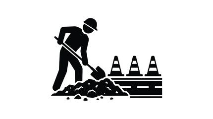 construction worker digging with shovel silhouette black white background figure cone roadwork © MdKabir
