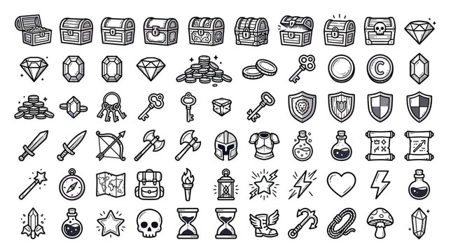Fantasy Game Icons: Chests, Weapons, Potions, Gems, Shields, Scrolls, Maps