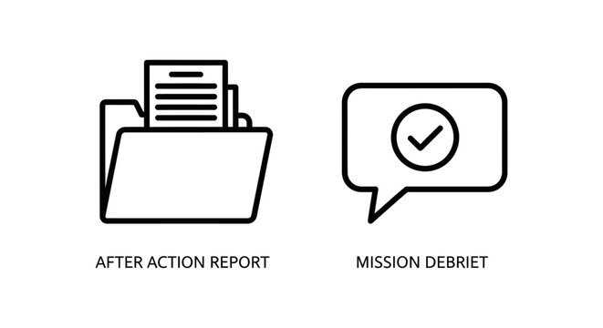 After action report file folder and mission debrief communication icons with document business information communication feedback management corporate professional analysis planning