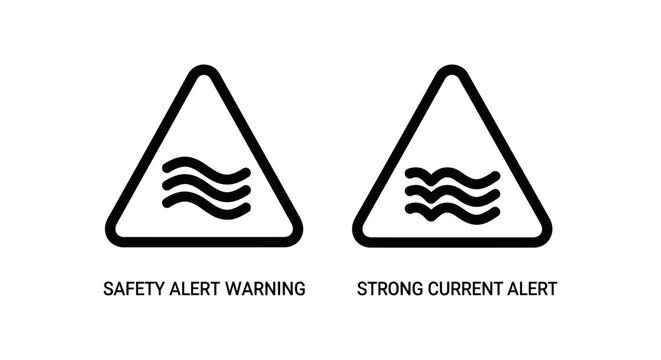 Water safety warning signs for swimming and strong current hazards with swimming triangular protection awareness prevention information communication recreation activity drowning