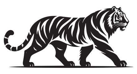 Stunning tiger vector illustration, majestic wild cat walking in profile, black and white tribal animal silhouette for logo design and branding © Madaheen