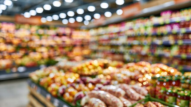 Softly blurred grocery store interior with abundant fresh produce and packaged goods