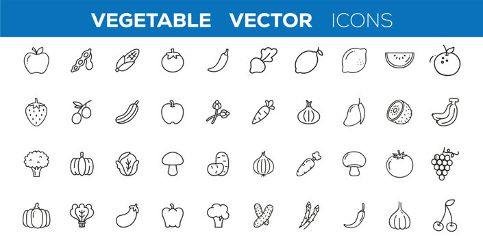 Black stock fruit and vegetable icon set.  fresh produce, peppers, berries, pineapple, watermelon, carrots for healthy food design. Vector Illustration 