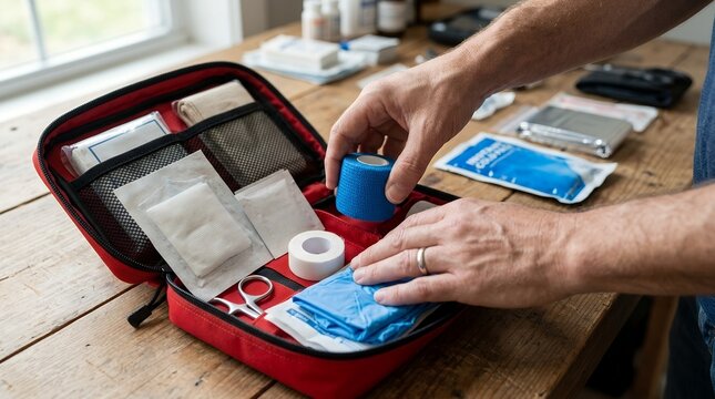 Person organizing medical supplies in a red first aid kit on a wooden table.