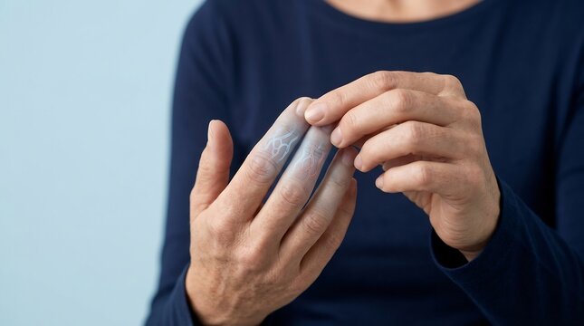 Hands delicately touch and inspect two fingers that are visibly affected by a pale skin condition, showcasing the clinical detail of localized symptoms on a blue background.