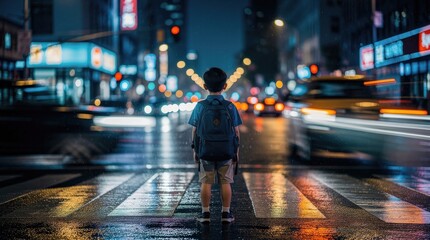 Fototapeta premium A young boy with a backpack stands alone on a rainy city street at night, surrounded by blurred lights and moving traffic.