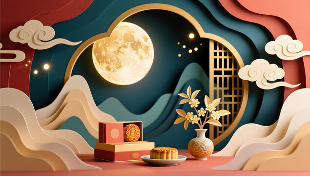 Mid Autumn Golden Moon Screen Commercial Illustration Background