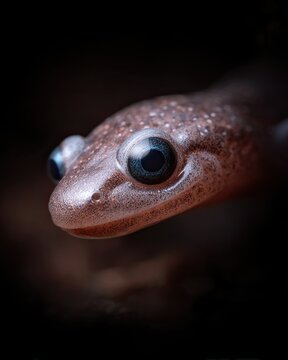 A close-up of an olm salamander emerging from dark, glowing water, highlighting its unique features and aquatic habitat