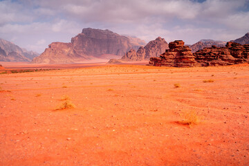 The Martian landscape red desert in Middle East, Wadi Rum, Jordan. Jordan most beautiful natural landscapes.