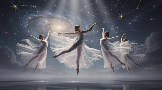 Four ethereal dancers in flowing white dresses perform gracefully under a starry cosmic sky with galaxies and constellations.