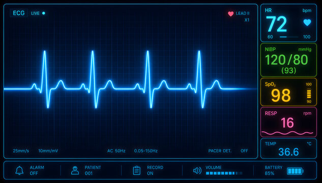 Neon electrocardiogram monitor displaying heartbeat waveform, heart rate, blood pressure, oxygen saturation and vital sign metrics glowing medical