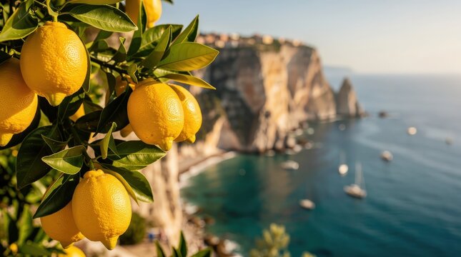 Bright yellow lemons hanging from a tree branch with a coastal cliff and calm sea with boats in the background.