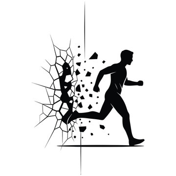 Silhouette of a man running and breaking through a shattered concrete wall