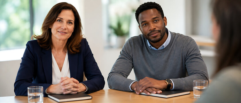 Close-up of two diverse interviewers with encouraging expressions during panel interview &mdash; closed notebooks, warm body language, hiring process