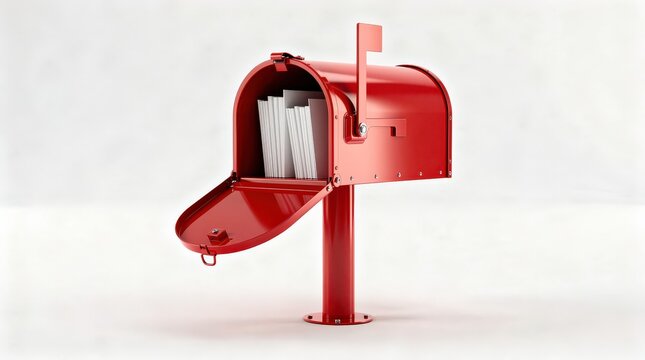 A red mailbox with its door open, revealing several letters inside, standing on a single post against a plain background.