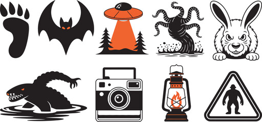 Cryptid and paranormal icon set featuring urban legends, mysterious creatures, supernatural symbols, UFOs, haunted objects, folklore, monster sightings and storytelling vector illustrations. ©  