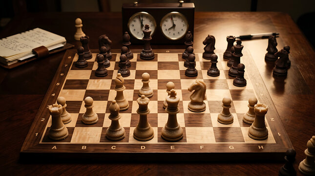 Elegant wooden chess pieces arranged on a classic chessboard with a vintage clock, ready for strategic play