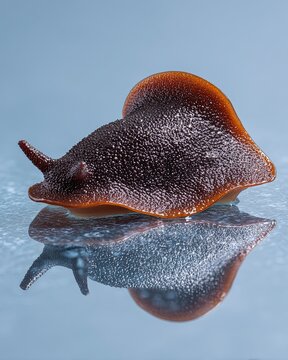 A dark brown flatworm with a textured body crawls low on a moist surface, showcasing its reflection
