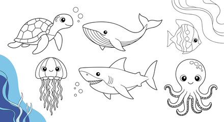 Fototapeta premium Set of marine animals including a shark, turtle, whale, and octopus in a black and white line art coloring page layout.