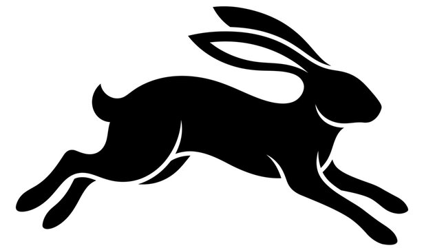 Running rabbit silhouette vector, black jumping hare icon, minimalist wild animal profile, fast leaping bunny graphic for logo design