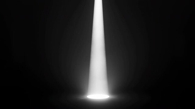 Centered vertical spotlight beam illuminating circular floor patch in dark studio, with soft halo, atmospheric haze, subtle reflection, dramatic contrast, and minimalist empty scene