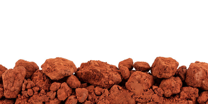Natural red clay soil clods and earth fragments arranged in a horizontal row isolated on transparent background for gardening with horizontal arrangement textured organic appearance natural PNG