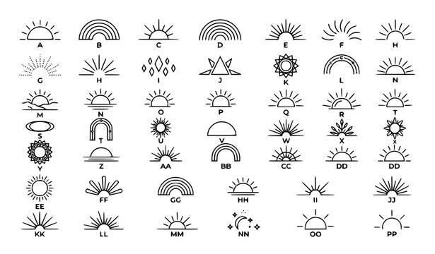 Retro Boho Sunrise Line Vector Collection with Geometric Half Sun Radiating Rays and Celestial Symbols