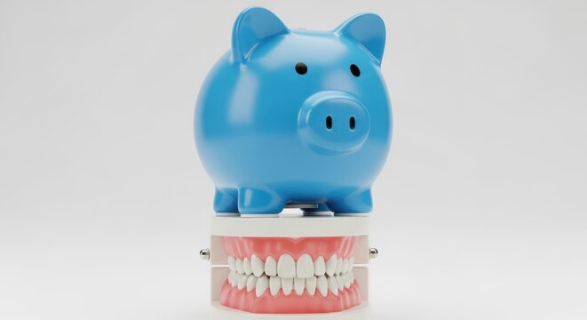 A shiny blue piggy bank sitting on top of a dental model showing human teeth representing the high cost of dental care and health insurance