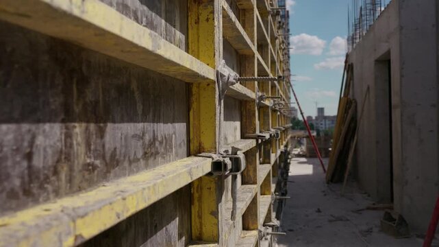 Concrete wall formwork panels along construction corridor