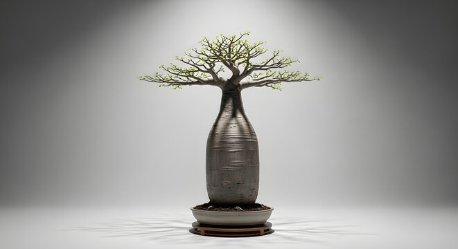 Baobab bonsai tree in ceramic pot with dramatic studio lighting and spotlight effect