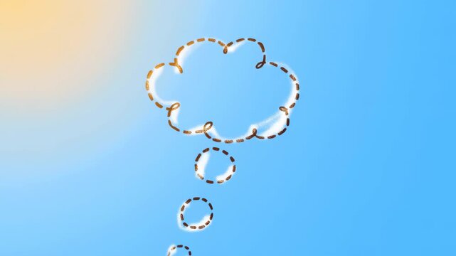 Stitched cloud shape breaking into scattered fragments and droplets against bright blue sky, warm sun halo, soft pastel tones, decorative minimalist background, with cloud, stitched, stitch