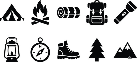 Camping and outdoor adventure equipment icon set with tent campfire backpack mountains and gear kit. © Fazla Rabbi