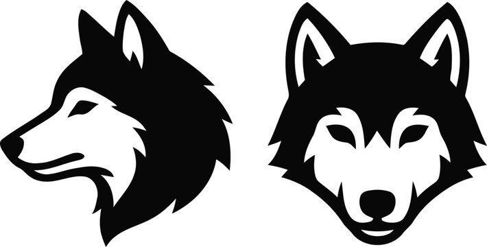 Wolf head icons featuring front and profile silhouettes isolated on a white background for minimalist design or creative web templates.