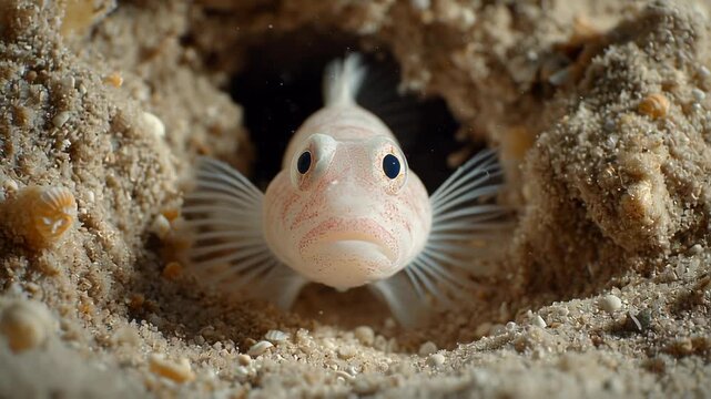 Close-up of a small fish peeking out from a sandy underwater burrow.