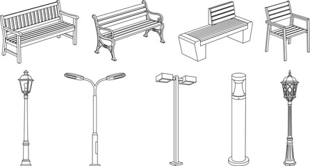 Vector line art set of park benches and outdoor street lamps for urban design © ABDUL