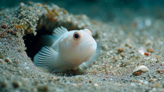 Small white fish peeking out from sandy underwater hole.