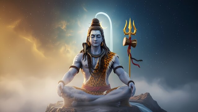 Lord Shiva Meditation on Mountain with Trishul and Cosmic Sky Hindu Mythology