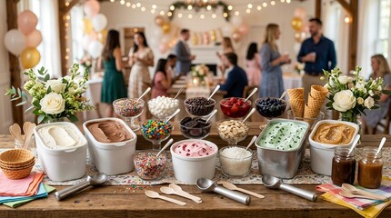 Fototapeta premium Ice Cream Bar Buffet with Assorted Toppings and People Celebrating at Indoor Party.