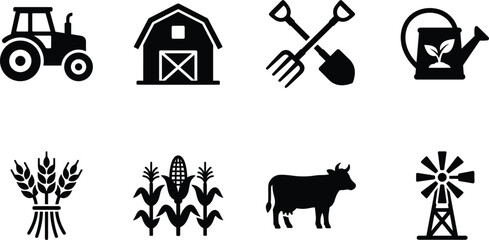 Agriculture and organic farming icon set featuring tractor barn tools wheat corn cattle and windmill silhouettes © ORCHONA