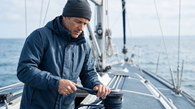Sailor handling rope on sailboat deck