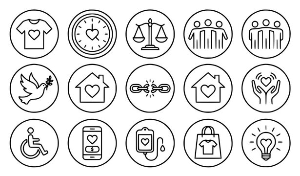 Charity and community support vector icons line art circle badge emblems for social awareness programs
