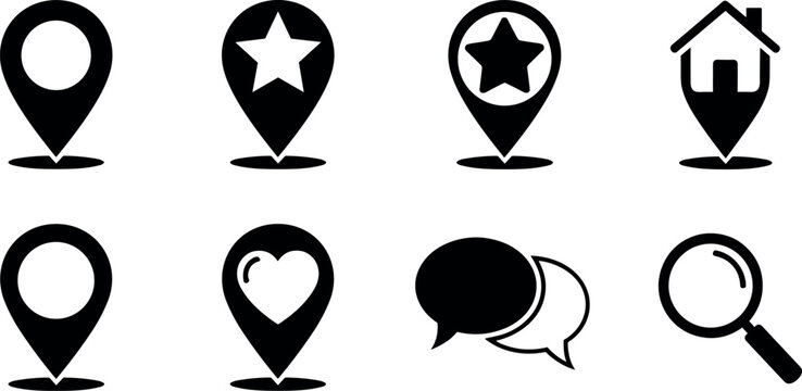 Professional collection of black map pin icons and navigation symbols featuring star, heart, house, and chat bubbles on white.