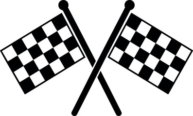 Fototapeta premium Flat black and white vector icon of crossed checkered flags signaling victory at a professional racing circuit finish line.