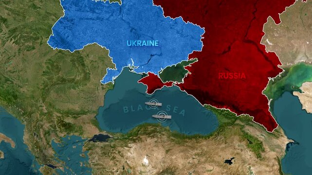 Animated map footage shows naval vessels in the Black Sea between Ukraine and Russia