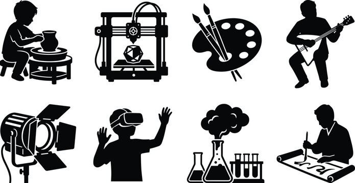Creative Hobbies and STEM Education Solid Icon Set for Arts Crafts and Modern Technology