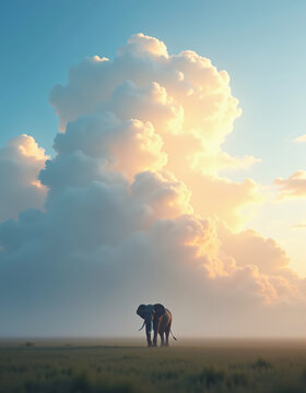 Elephant standing in savanna under giant cumulus cloud