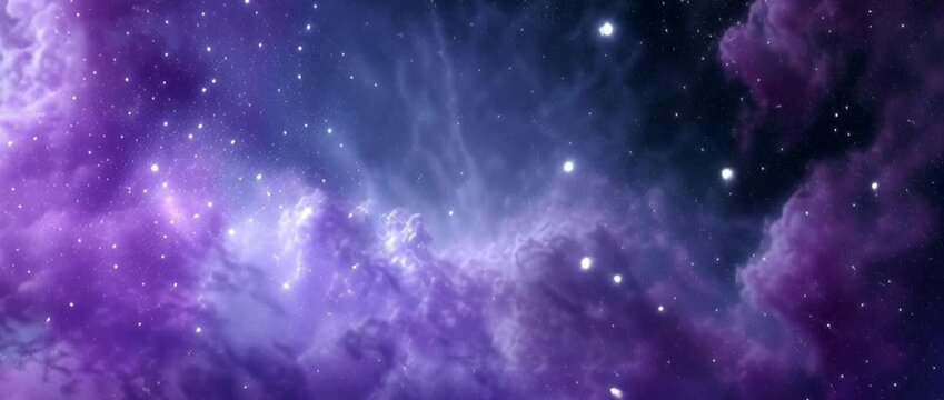 Vibrant purple and blue cosmic nebula with stars and interstellar clouds.
