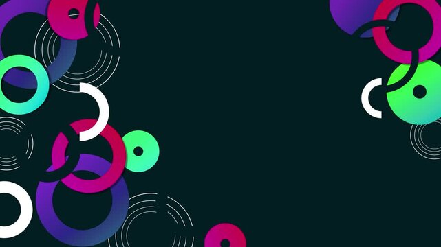 Dark abstract background overlapping rings and circular accents arranged in corners animation